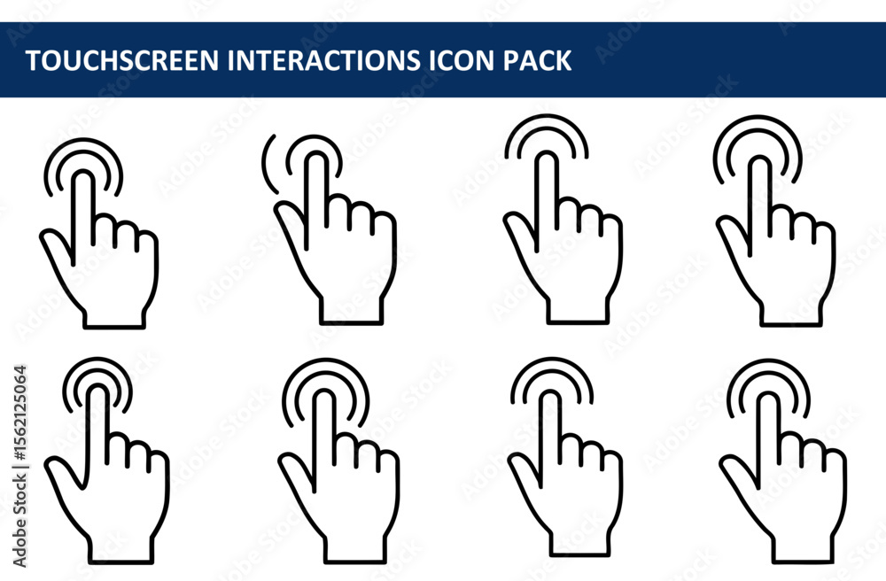 Poster set of touchscreen interaction icons depicting various hand gestures on a digital surface. different