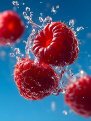 Raspberries Splashing in Water Against a Blue Background