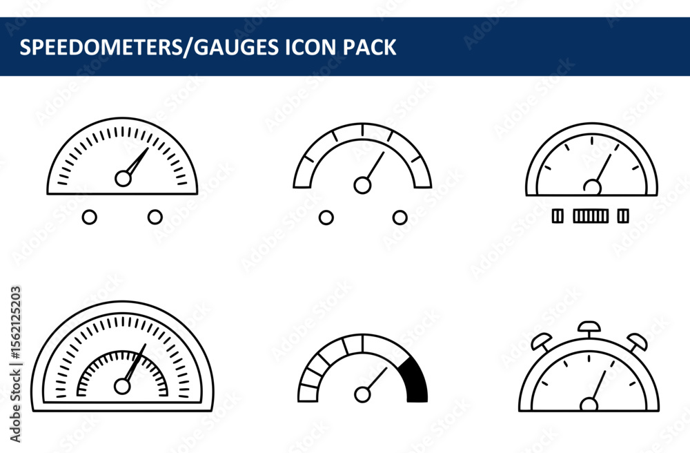Poster basic speedometer/gauge icons in various states. simple line art illustrations of measuring instrume