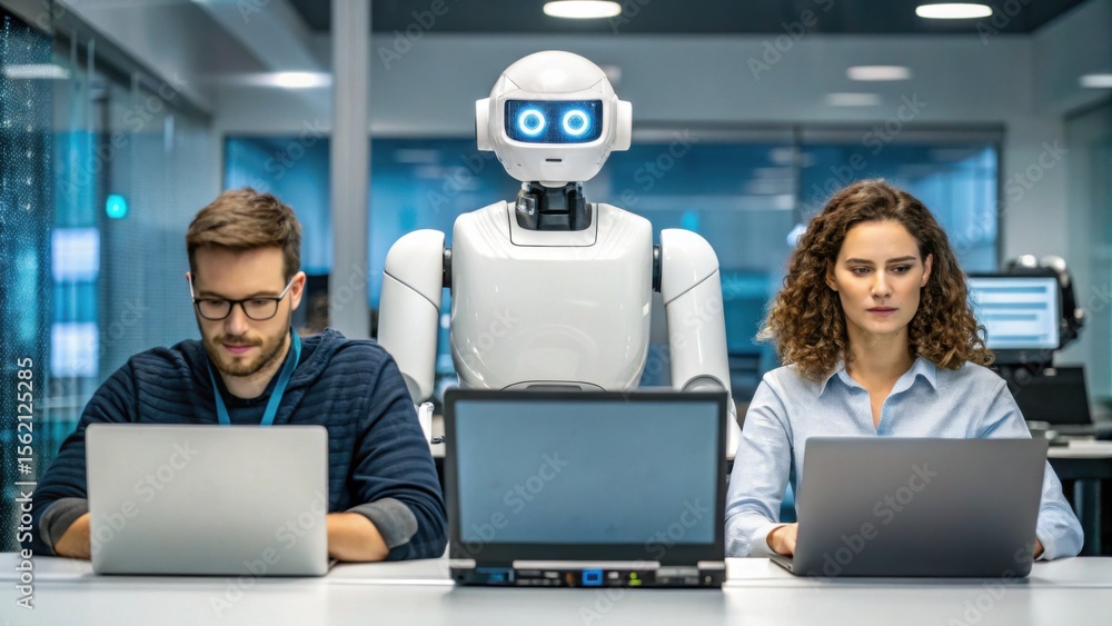 Poster two professionals working on laptops with a humanoid robot standing between them in a modern office 