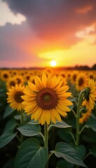 Sun-kissed sunflowers in a vast field at sunset , sun-drenched, background