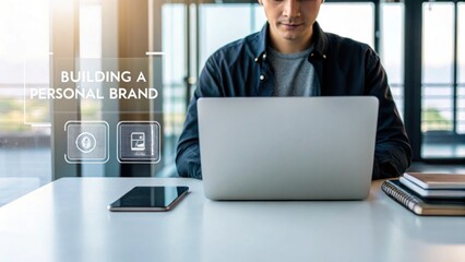 A man works on a laptop at a desk with a tablet and notebook nearby, focusing on building a personal brand in a bright, modern office environment.
