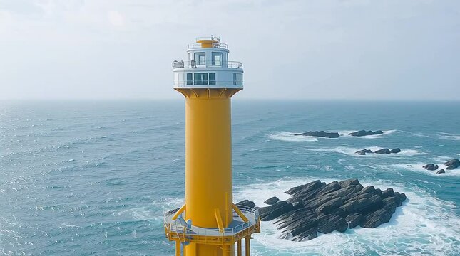 A bright yellow lighthouse stands tall amidst the waves, guiding ships safely through the rocky coastline