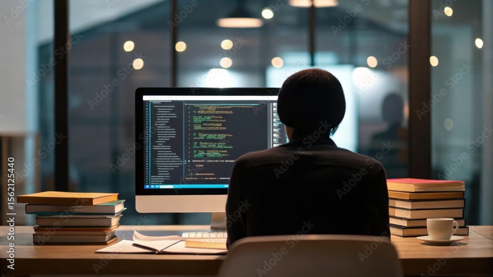 Poster a person working on coding at a desk surrounded by books and a coffee cup in a modern office with gl
