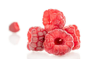 Fresh sweet raspberries isolated on white background, macro.