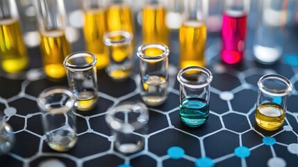 A collection of test tubes with various liquids on a black surface with a white hexagonal pattern.