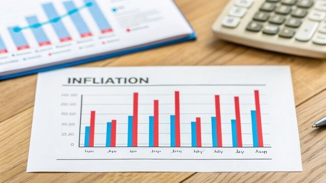A printed inflation bar chart with red and blue bars for several months, placed on a wooden desk alongside a calculator and another financial document.
