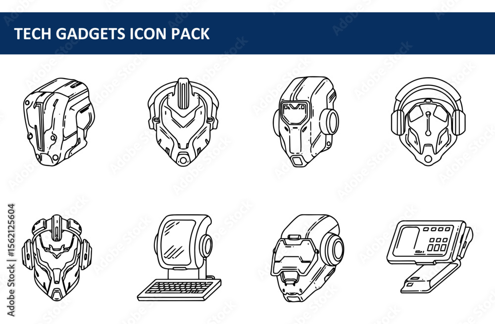 Fototapete Line art illustrations of futuristic technology gadgets in a white background. A collection of various technological devices, from helmets to computers, presented as simple, graphic representations.