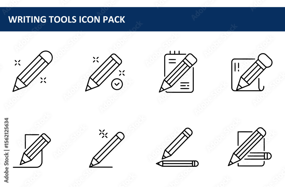 Poster writing tools icon pack featuring various pencils and papers, in a simple, clean, and minimalist des