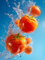 Fresh tomatoes splashing in water against a vibrant blue background