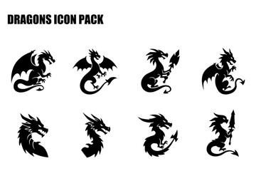 Black and white dragon icon pack with various poses and weaponry. Silhouettes of dragons in various stances against a plain white background for use in logo design or graphic design applications.