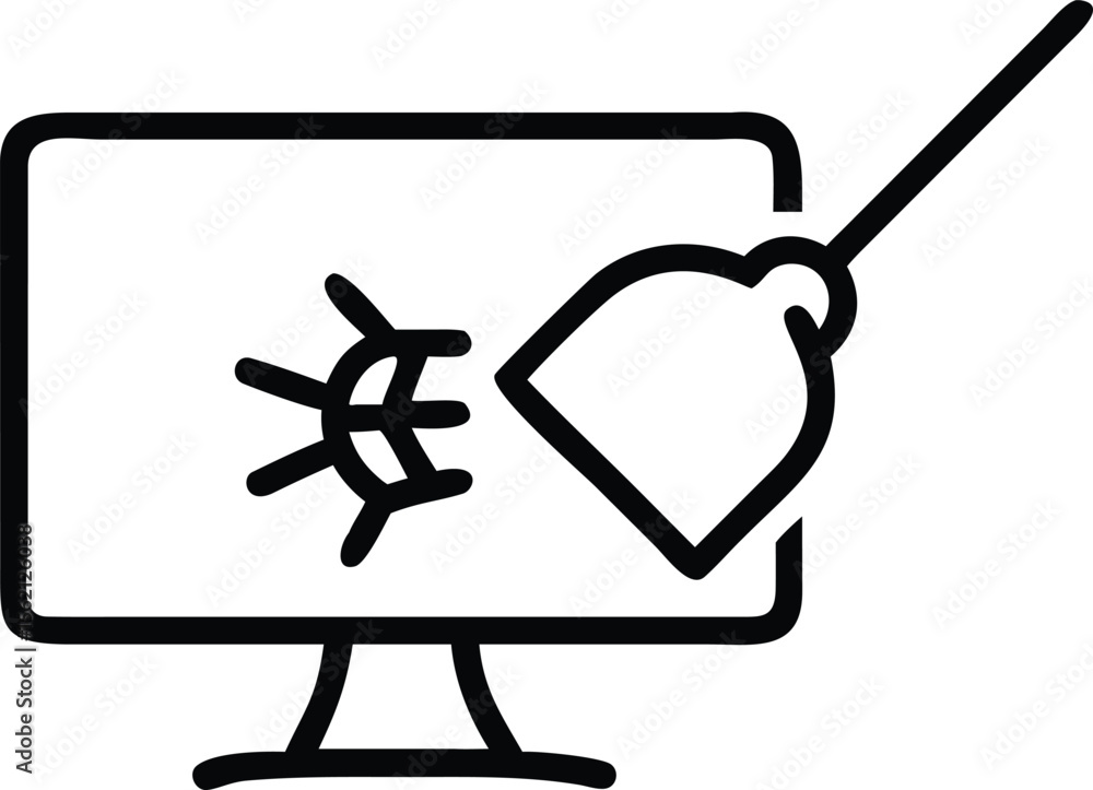 Poster outline style of broken monitor being cleaned or repaired with a mop