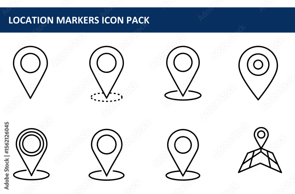 Poster location markers icon pack showing various styles. simple black line art location icons with differe