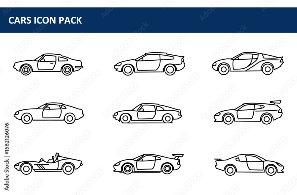 Poster line drawings of various cars in profile view. collection of different car models, displayed side-by