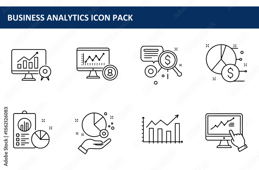 Poster business analytics icons, showcasing various data visualization tools for professional use in a clea