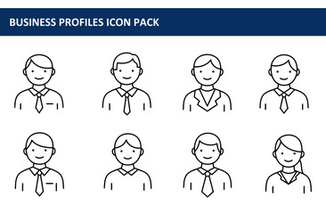 Diverse business profile icons of men and women in formal attire. Friendly expressions and professional business dress in a neutral background.