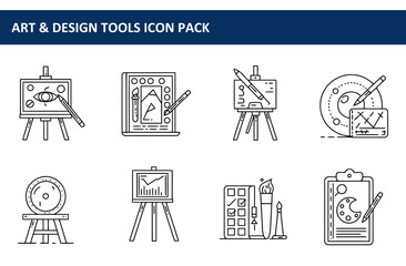 Line art icons of various art and design tools in a studio setting. A collection of graphic design tools displayed on a white background.