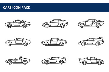 Line drawings of various cars in profile view. Collection of different car models, displayed side-by-side in a graphic design layout.