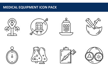 Medical equipment icons with various applications in a healthcare setting. Simple, black and white line drawings of medical equipment, illustrating tools, processes and diagnostics.