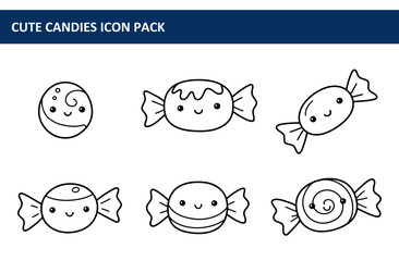 Cute candy icons in various designs with wrapped and unwrapped candies in a decorative layout. Adorable designs with smiling faces on the various candy shapes.