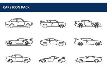 Line art illustrations of various sports cars in profile view. Collection of car icons for graphic design or website use.