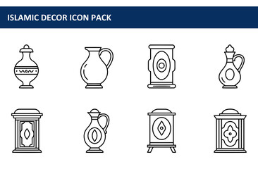 Islamic decorative items in outline style. Various decorative jugs, jars, and stands displayed on a white background.