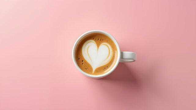 Cup of cappuccino with heart shaped latte art on soft pastel pink, Valentine's Day, love and romantic concepts.