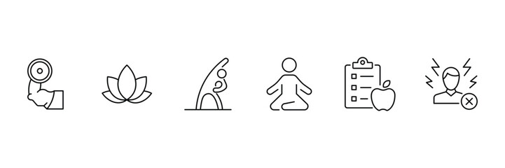 Healthy lifestyle fitness meditation yoga diet nutrition icon vector illustration for wellness routine stress relief activity outline healthcare plan symbol design.