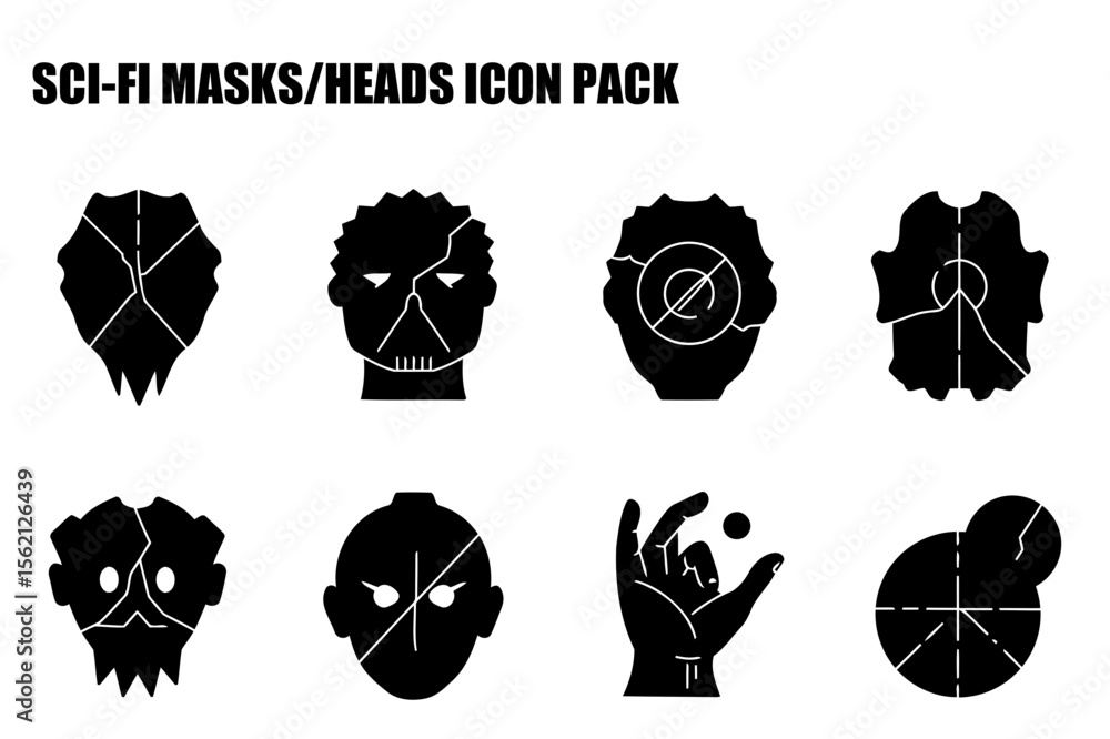 Poster sci-fi masks/heads, various designs, static poses against a plain white background. collection of gr
