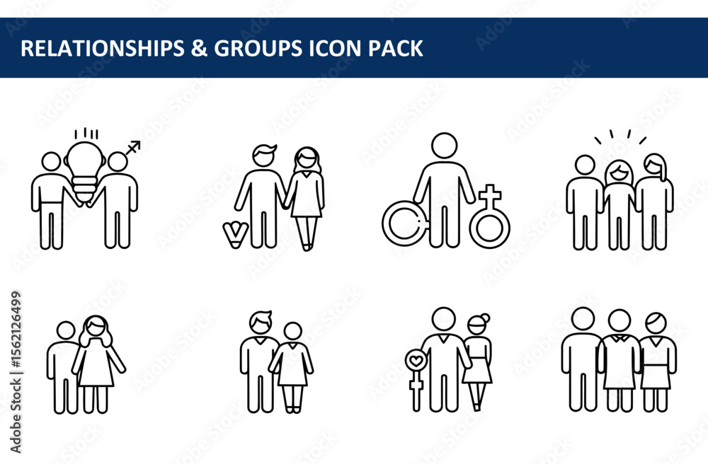 Poster relationships and groups icon pack featuring diverse couples and groups in various poses. collection