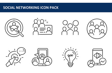 Social networking icons in a simple line art style for a digital platform. Modern design elements depict various social media actions and interactions.