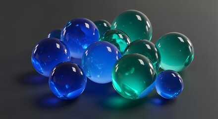 Glossy Blue and Green Glass Orbs on Dark Surface – Reflective Spherical Composition Featuring Translucent Tones, Light Refractions, and Smooth Gradient Background