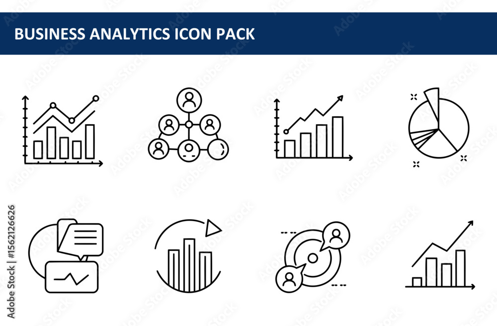 Poster business analytics icon pack showing various graphs and charts. collection of linear illustrations o