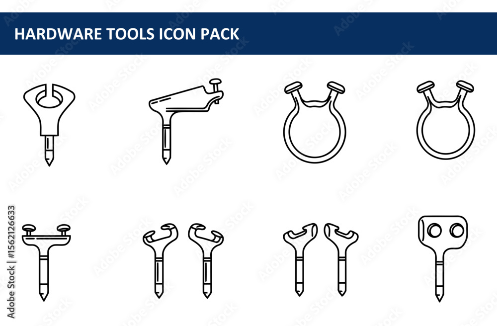 Poster line drawings of various hardware tools in a graphic design format. simple, outlined illustrations o