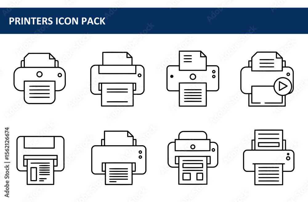 Poster line art icons of various printer models in a simple, graphic design aesthetic. basic printing funct