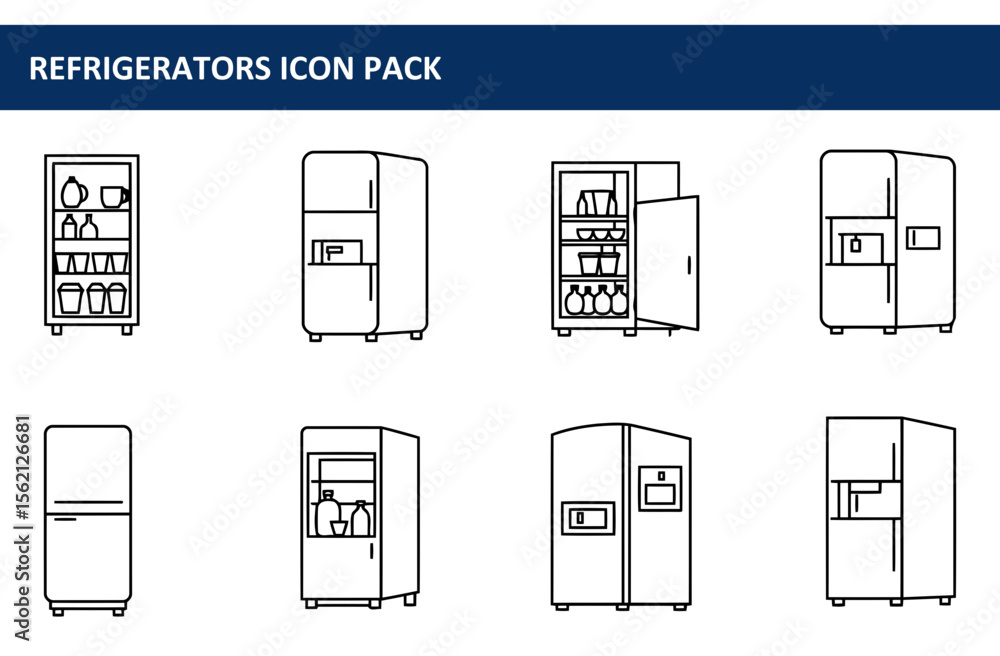 Poster refrigerators icon pack showing various models and styles. line drawing of different refrigerator mo