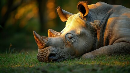 White rhino resting in sunlit grass