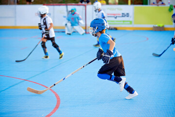 Team players having competitive hockey game