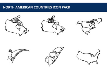 North American countries outline maps in simple line art style. Geographical representations of Canada, the United States, and various regions.