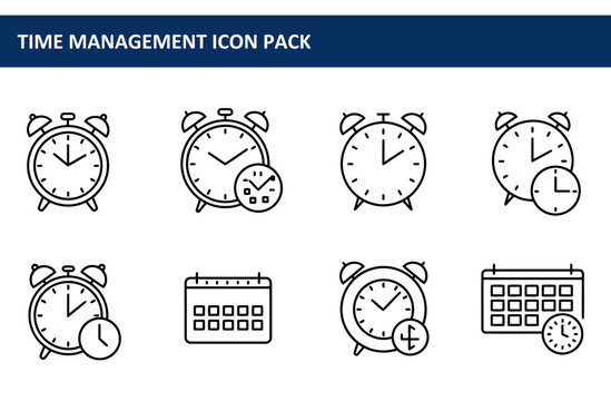 Time management icons in a set of line art. Simple, clean designs for various scheduling and time tracking elements.