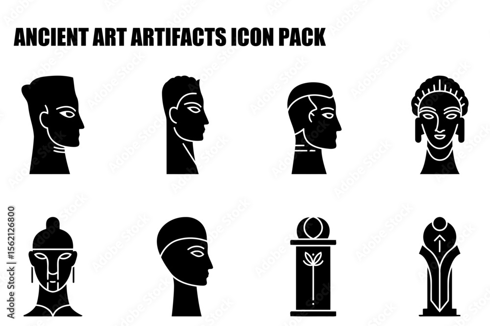Poster ancient art artifacts profile icons in a decorative setting. stylized depictions of various human an