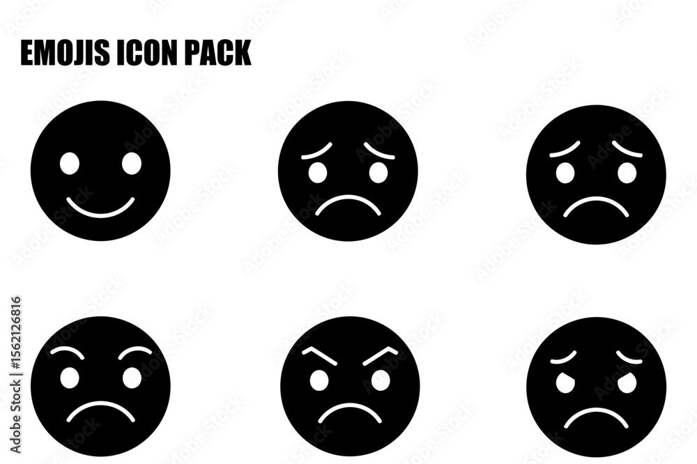 Poster emoji icon pack of various emotions displayed on a white background. simple, black and white graphic