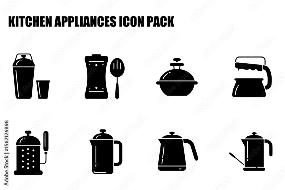 Poster kitchen appliance icons in various styles. solid black silhouettes of kitchen utensils and cookware 