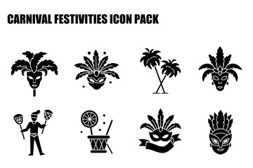 Carnival festivities icon pack featuring various carnival elements in a simplified black and white style.