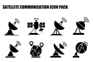 Satellite communication icons in various configurations. Simple black icons of satellite dishes and orbiting satellites on a white background.