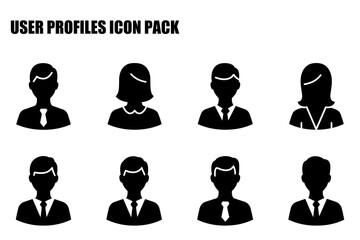Generic user profile icons in a professional setting. Silhouette representation of diverse user profiles in formal business attire against a white background.