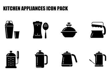 Kitchen appliance icons in various styles. Solid black silhouettes of kitchen utensils and cookware displayed in a grid layout. Generic images suitable for use in design projects.