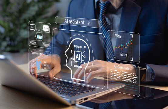 Businessman using laptop with AI assistant interface, showcasing artificial intelligence, machine learning, chatbot tech, data analysis, and digital productivity tools