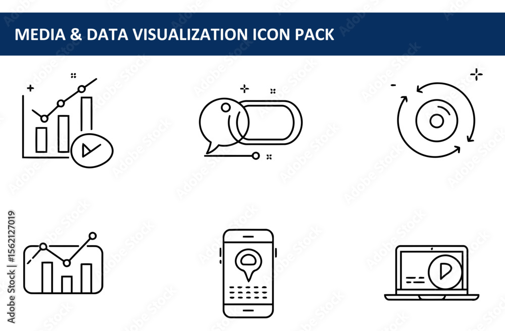 Poster line art icons of media and data visualization tools displayed on a white background. simple, styliz