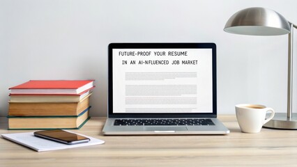 A minimalistic workspace with a laptop displaying a resume-related article, a stack of books, a smartphone, a cup of coffee, and a modern desk lamp on a wooden table.